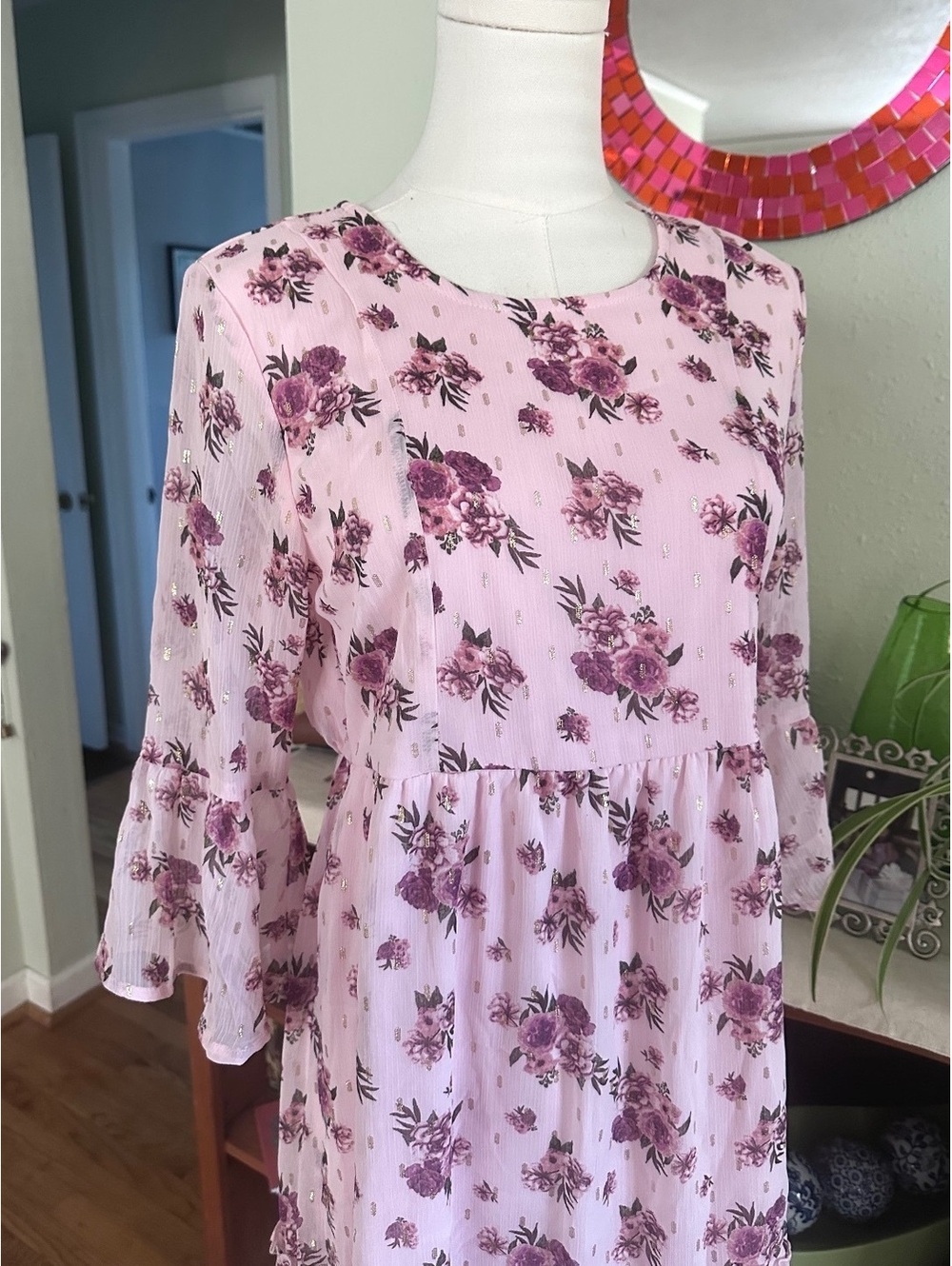 NWT Wonder Nation XL Gold Fleck Pink Floral Bell Sleeve Dress